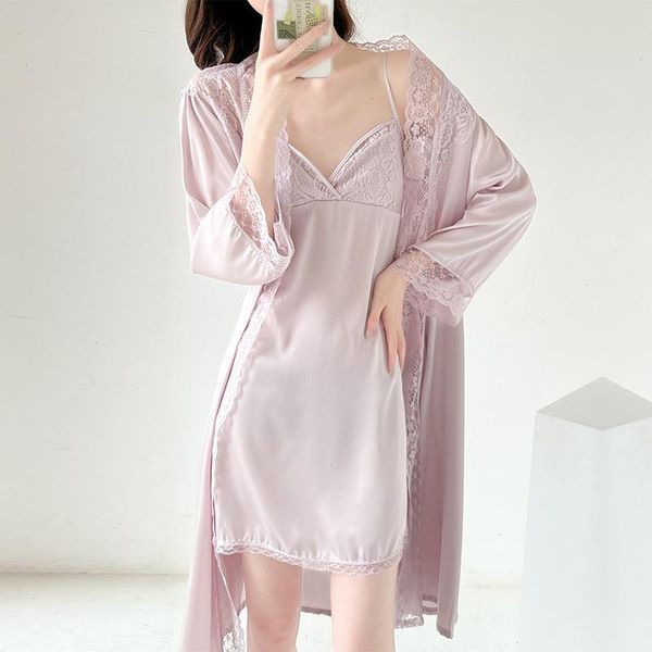 

women sleepwear nightwear lace kimono robe set bathrobe gown short, Black;red