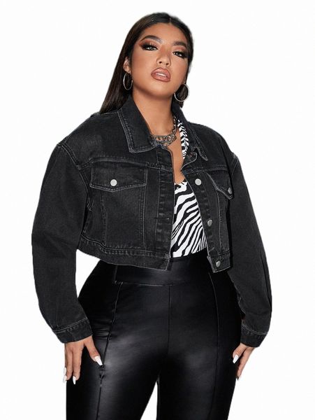 

women's jackets plus drop shoulder flap pocket denim jacket g7mk#, Black;brown