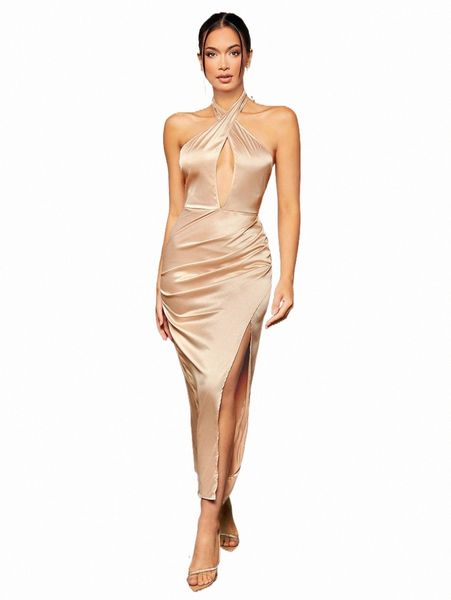 

party dresses cut out crisscross tie backless split thigh satin halter bridesmaid dress z1z8#, White;black