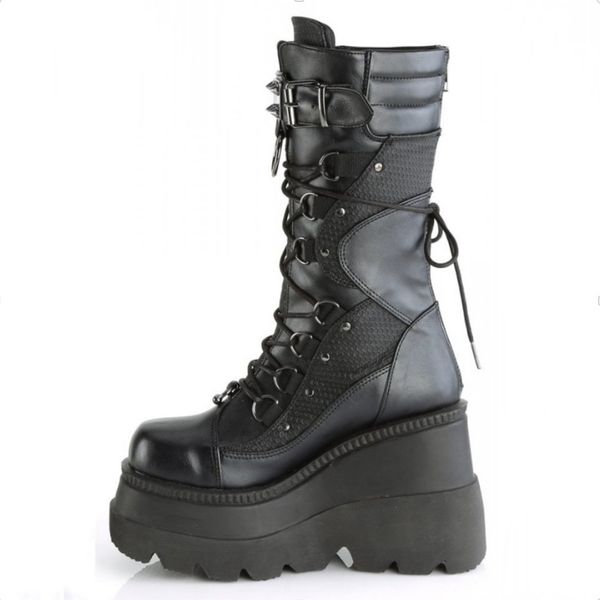 

2022 wedge heel knight boots women punk style handsome thick bottom over-knee boots mid-tube boot plus size 35-43, Black