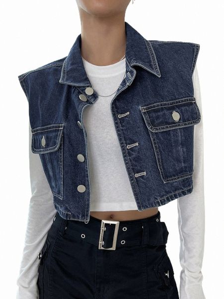 

women's t-shirt dazy 1pc flap pocket button front crop denim shirt x3yx#, White