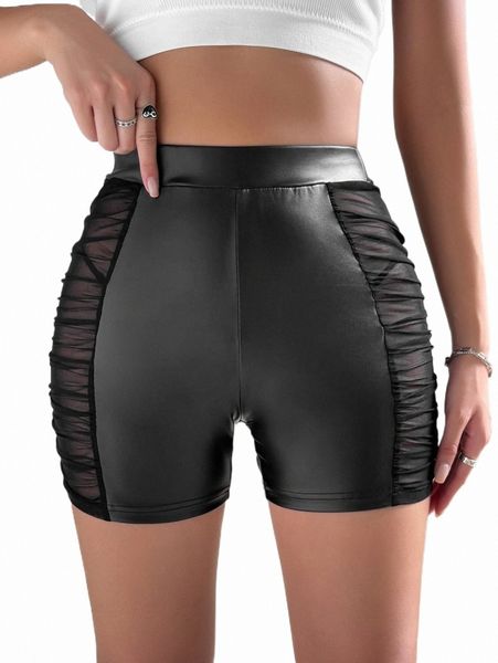 

women's shorts mesh insert ruched pu biker shorts y0ci#, White;black