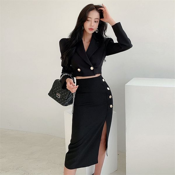 

two piece dress spring autumn black 2 pieces set women lady chic temperament formal casual short cropped coat high waist skirt slim outfit s, White