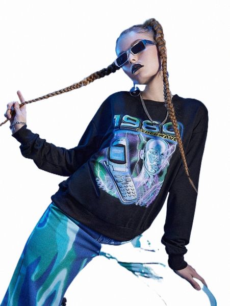 

women's hoodies & sweatshirts romwe cyber luvr figure & phone print sweatshirt u3pu#, Black