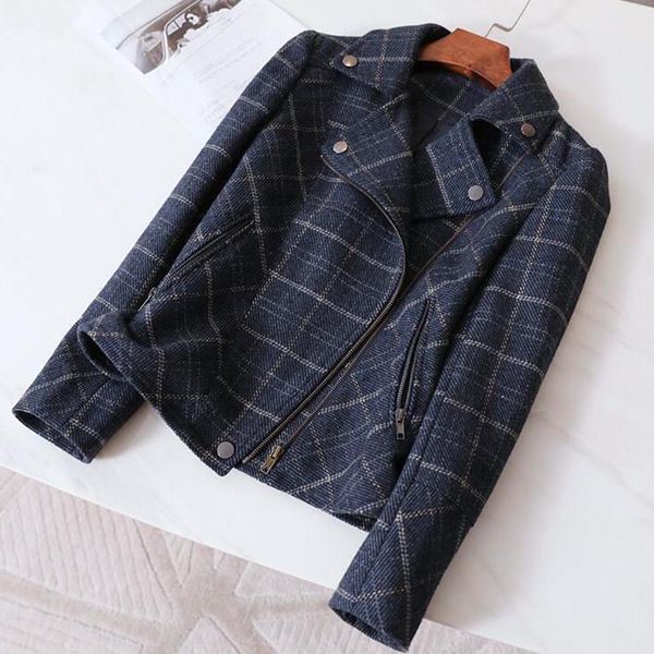 

women's wool blends chic short plaid short jackets women korean style slim big size coat woolen office lady casual biker coats vintage, Black