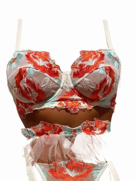 

women's sleepwear floral embroidered mesh underwire bra d9uo#, Black;red