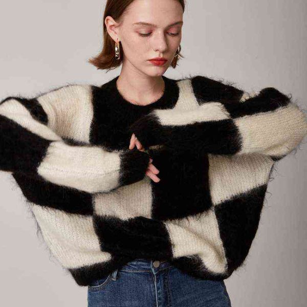 

women's sweaters women's colorblock argyle mohair oversized long-sleeved pullover sweater fall winter fashion thick warm knitted v, White;black