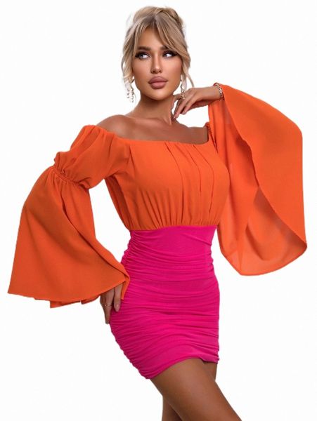 

casual dresses joyfunear two tone off shoulder flounce sleeve ruched dress u0bj#, Black;gray