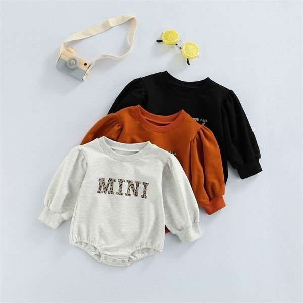 

rompers autumn baby girls cute rompers 024m long puff sleeve mini letter leopard button jumpsuits 220905, Blue