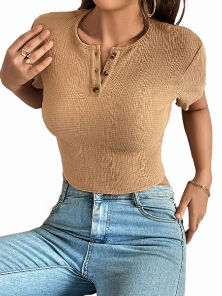 

women's t-shirt half button placket tee 2022 new l37g#, White