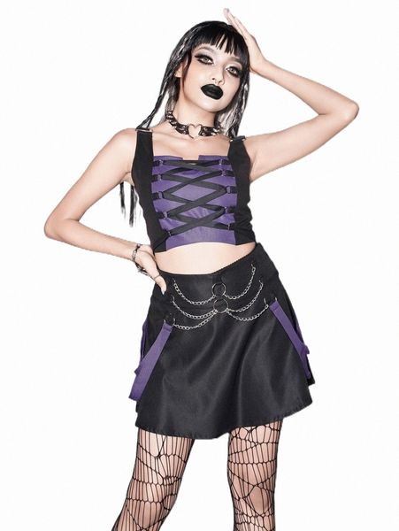 

two piece dress gothic colorblock crisscross front crop tank & chain detail skirt w7dj#, White