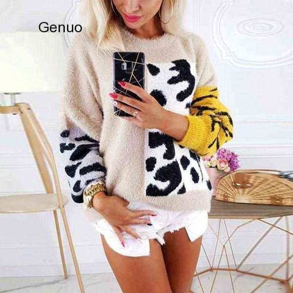 

women's sweaters women mohair leopard printed long sleeve crew-neck pullover sweater chic warm fluffy spring fall jumper t220905, White;black