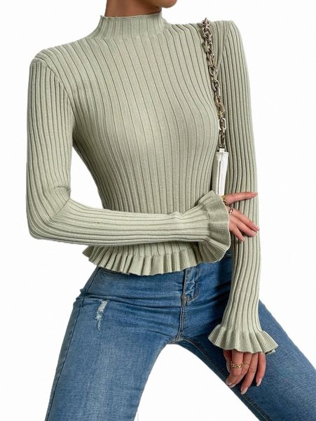 

women's sweaters mock neck flounce sleeve ruffle hem sweater u0w2#, White;black