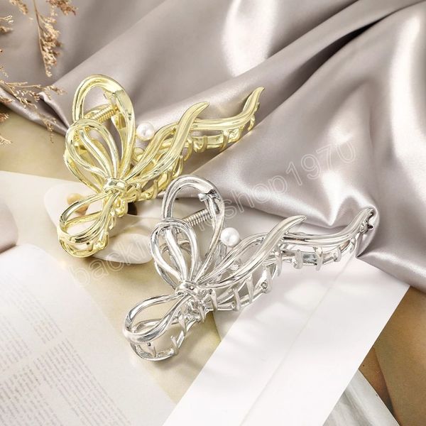 

bow knot pearl hair claws clip large size ponytail hairpins alloy irregular women fashion hair accessories, Slivery;white