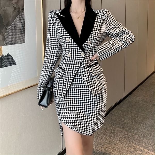 

two piece dress vintage office lady houndstooth coat and skirt sets lapel doublebreasted cropped jacket irregular bodycon skirt suits female, White