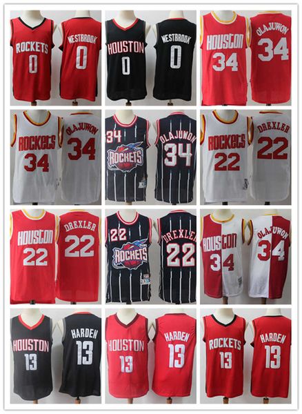 

basketball jerseys houston''rockets''men jersey hakeem 34 olajuwon clyde 13 james harden 0 russell westbrook 22 drexler, Black;red