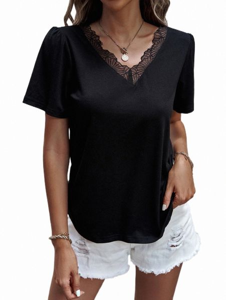 

women's t-shirt contrast lace v neck tee 2022 new b26r#, White