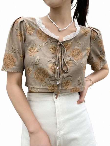 

women's t-shirt dazy lace trim tie front floral print tee w2ig#, White