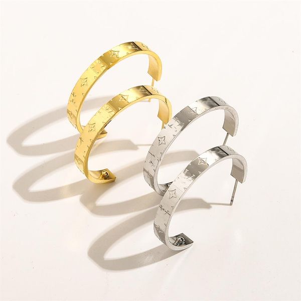 

simple stainless steel luxury brand designers letters stud clip chain geometric famous women flower round ear loop earring wedding226c, Golden;silver