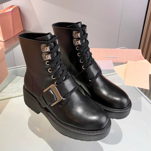 

2022 fall/winter new women luxury ankle boots brand shoes cowhide premium belt buckle platform vintage fashion lace-up ladies boots, Black