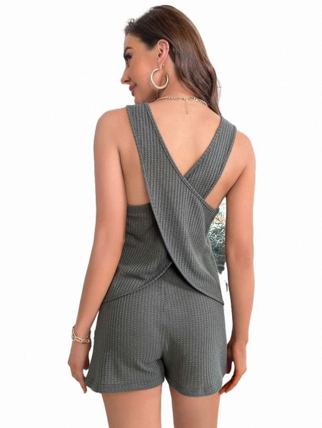 

women's sleepwear crisscross back waffle knit tie front lounge set k2np#, Black;red