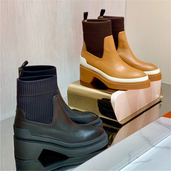 

elastic socks boot women thick sole leather chunky heel knitted women boots fashion martin boots, Black