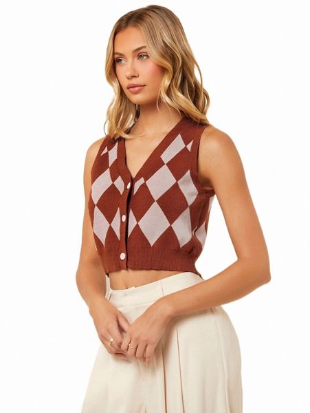

women's sweaters argyle pattern button front crop cardigan e05y#, White;black