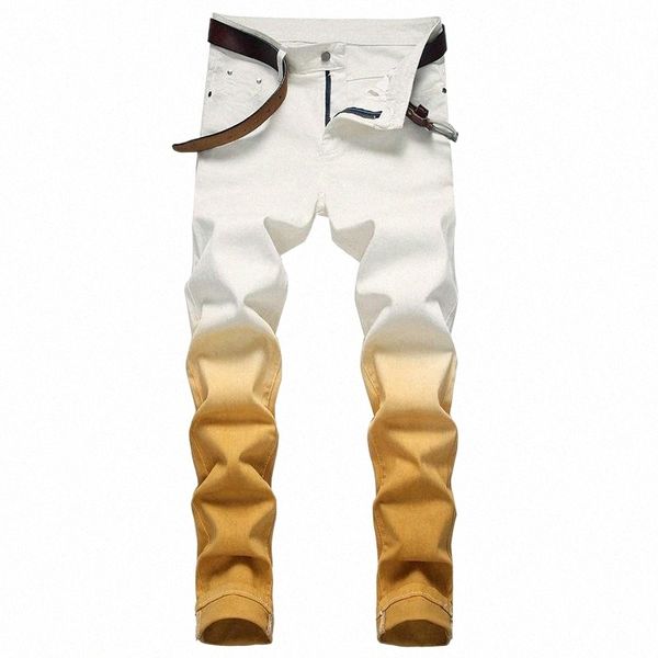 

men's jeans original european express high street personalized fashion hanging dyed yellowing elastic slim fitting small leg jeans men&, Blue