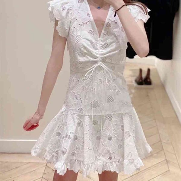 

casual dresses french single s spring and summer waist cut-out hook flower v-neck ruffle white dress, Black;gray
