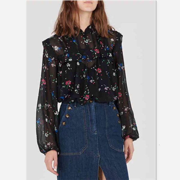

women's t-shirt french single autumn winter shirt two pieces of flower print high neck lotus leaf edge long sleeve top, White
