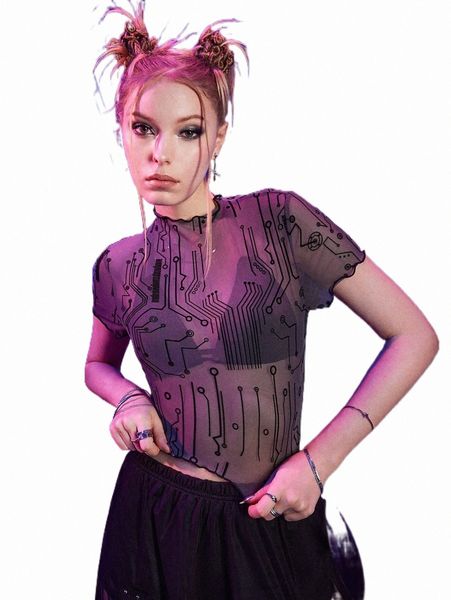 

women's t-shirt romwe cyber luvr allover print mesh v0wg#, White