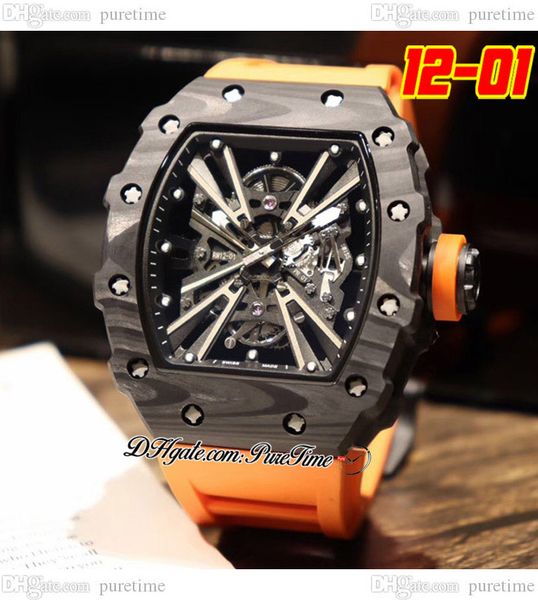 

2022 12-01 miyota automatic mens watch ntpt black carbon fiber case skeleton dial big date orange crown rubber strap 6 styles watches pureti, Slivery;brown