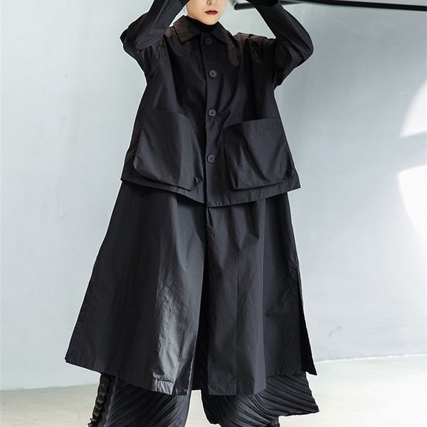 

women's trench coats eam women black big size long pocket trench lapel long sleeve loose fit windbreaker fashion spring autumn 1de3081, Tan;black