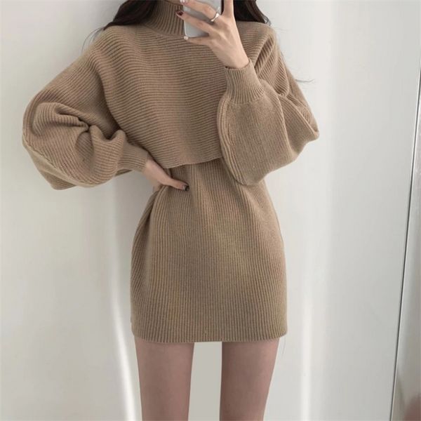 

two piece dress autumn winter knit dress sets women turtleneck long sleeve pullover sweater cape vest mini dresses suits female 2 pcs outfit, White