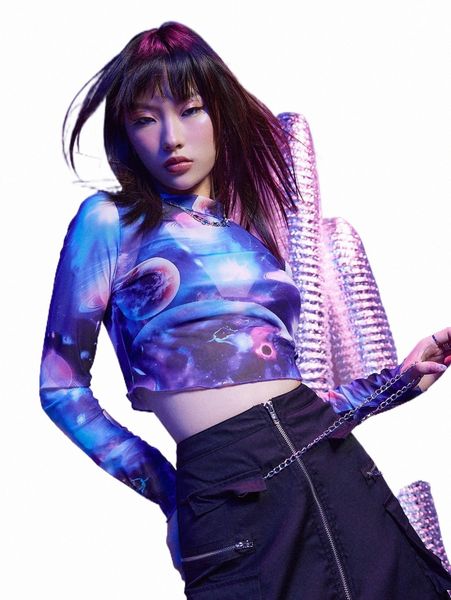 

women's t-shirt romwe cyber luvr planet graphic mesh crop e1nf#, White