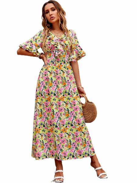 

casual dresses allover floral print ruffle trim a-line dress i1hc#, Black;gray