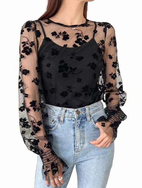 

women's t-shirt dazy floral embroidery mesh without cami 84ho#, White