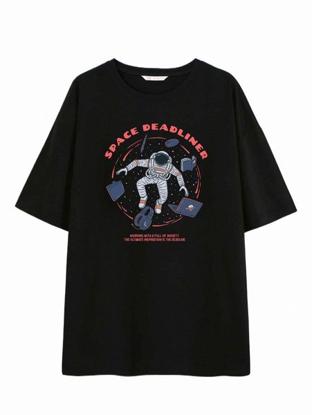 

women's t-shirt romwe x movinkgraphic spaceman print tee t0he#, White