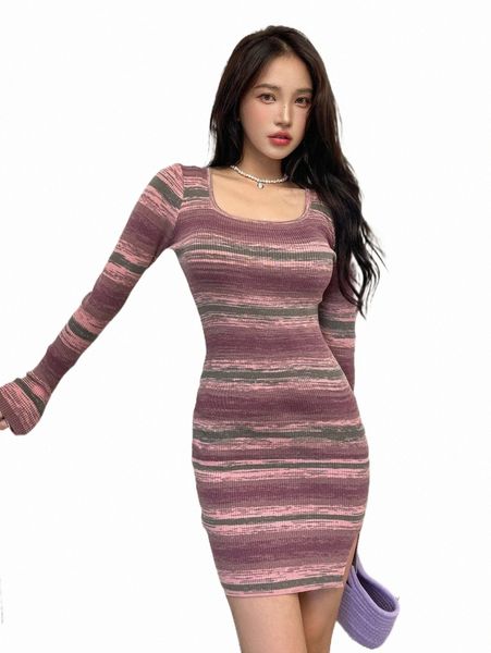 

women's sweaters dazy striped pattern slit hem sweater dress u63o#, White;black
