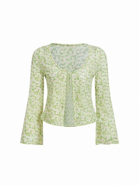 

women's t-shirt mod ditsy floral print tie front t46k#, White