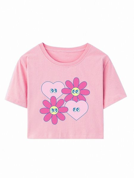 

women's t-shirt romwe x savedasclo flower & heart graphic tee w0ab#, White