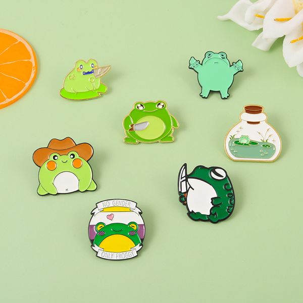 

cartoon frog series brooch with bottle hat alloy enamel lapel pins european animal clothes corsage badges for backpack cowboy clothing brooc, Gray