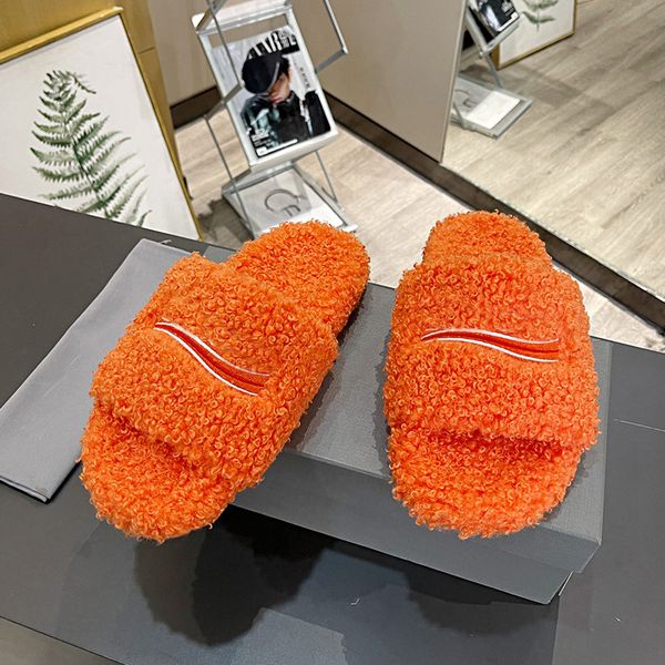 

woman fluffy slipper wool slide sandals designer winter shoes flat mules letters plush warm home sliders footwear with box eu42, Black