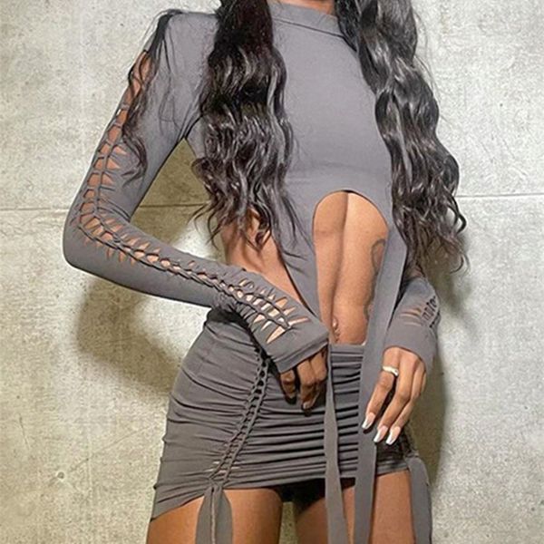 

two piece dress women skirts sets hollow out two piece sets autumn long sleeve crop and mini skirts suits club party dresses sets 220906, White