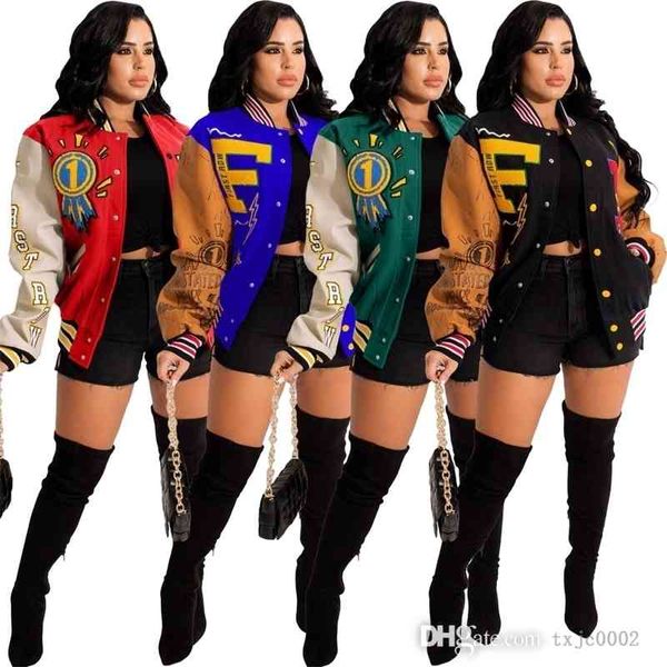

fall winter womens warm coat baseball jacket designer threaded cuffs stitching printed button trendy casual top, Black;brown