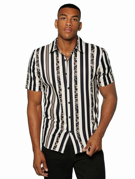 

men's casual shirts men chain & striped print shirt p7e9#, White;black