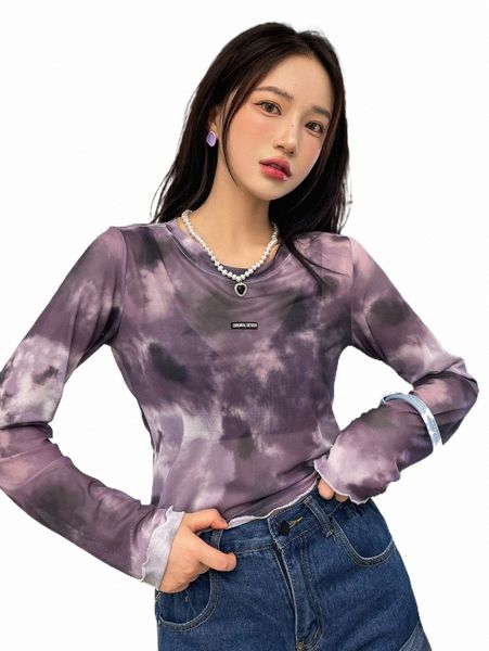 

women's t-shirt dazy tie dye patched detail mesh a93j#, White