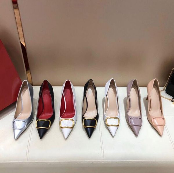 

luxurys brand women high heels pointed toe shoes sandals metal buckle nude color genuine leather pumps lady wedding dress shoes with box, Black