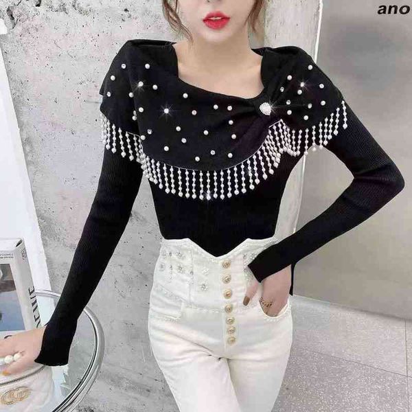 

women's sweaters 2022 new korean drill beaded sweater women's autumn winter french design sense fringed sweet long-sleeved bottomi, White;black