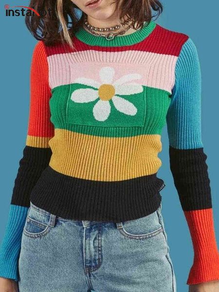 

women's sweaters instagestreepte regen boog gebreide trui vrouwen 2018 herfst bloem o hals elastische stretchy trui katoen multicolor, White;black